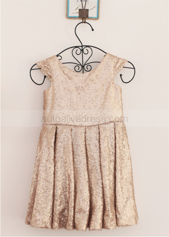 Champagne Sequin Box Pleated Simple Flower Girl Dress